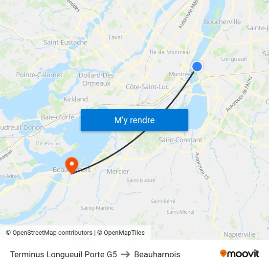 Terminus Longueuil Porte G5 to Beauharnois map