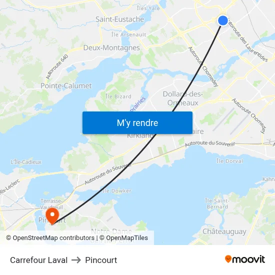 Carrefour Laval to Pincourt map