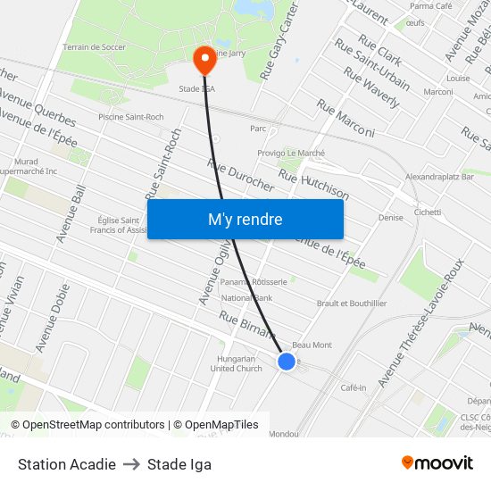 Station Acadie to Stade Iga map