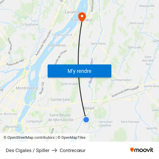 Des Cigales / Spiller to Contrecœur map