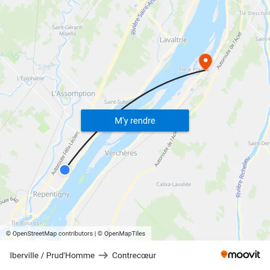Iberville / Prud'Homme to Contrecœur map