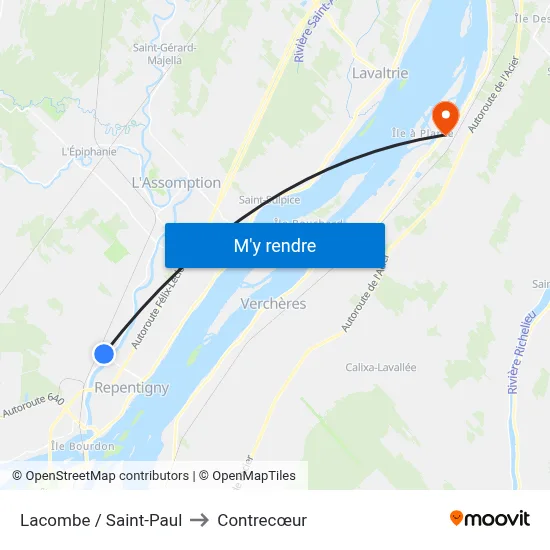 Lacombe / Saint-Paul to Contrecœur map
