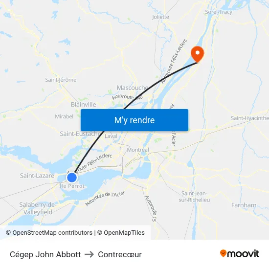 Cégep John Abbott to Contrecœur map