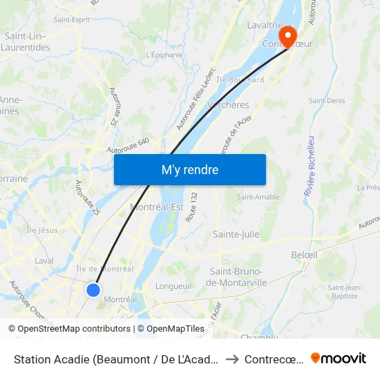 Station Acadie (Beaumont / De L'Acadie) to Contrecœur map