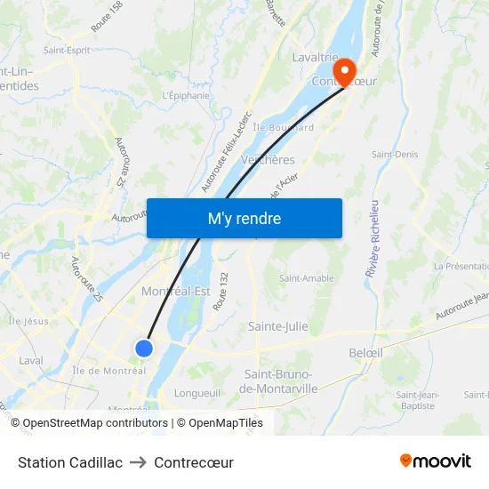 Station Cadillac to Contrecœur map