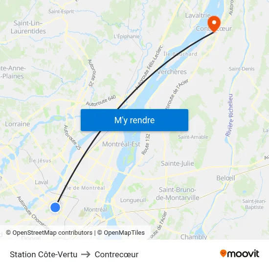 Station Côte-Vertu to Contrecœur map