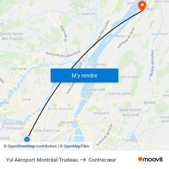 Yul Aéroport Montréal-Trudeau to Contrecœur map