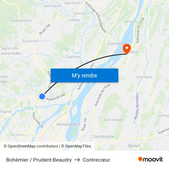 Bohémier / Prudent-Beaudry to Contrecœur map