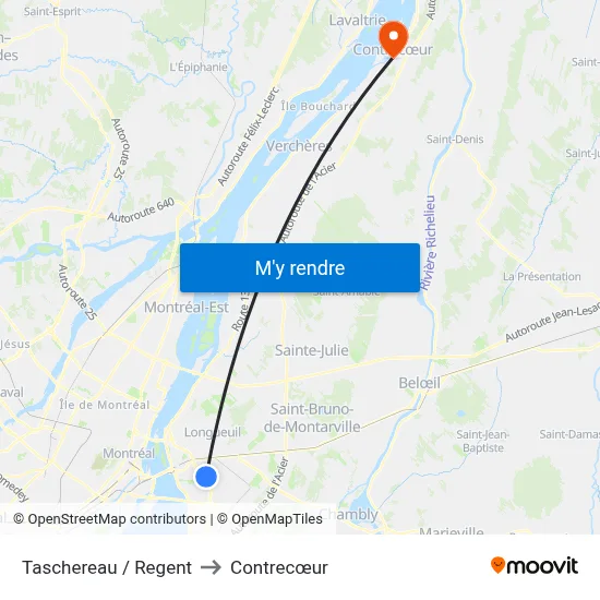 Taschereau / Regent to Contrecœur map