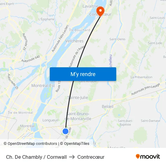 Ch. De Chambly / Cornwall to Contrecœur map