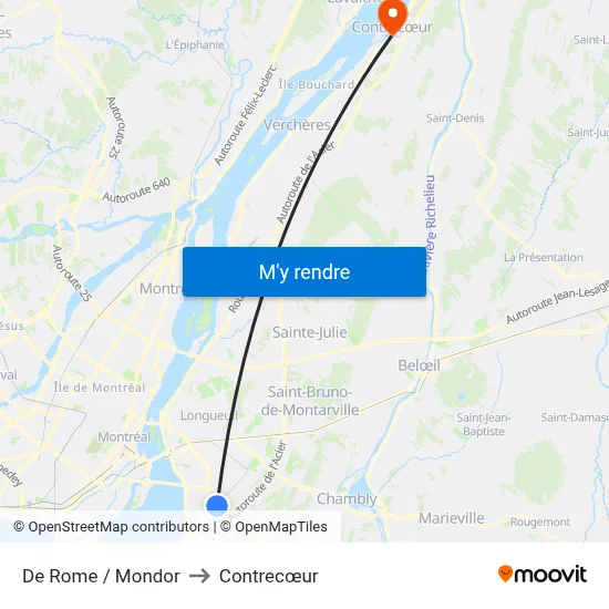 De Rome / Mondor to Contrecœur map