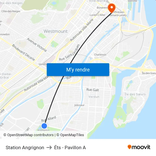Station Angrignon to Éts - Pavillon A map