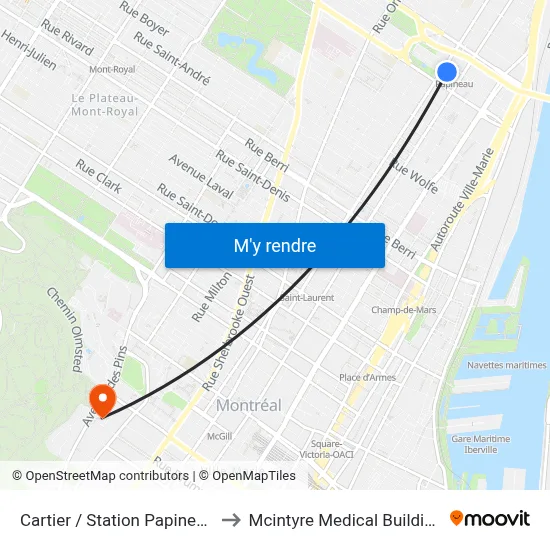 Cartier / Station Papineau to Mcintyre Medical Building map