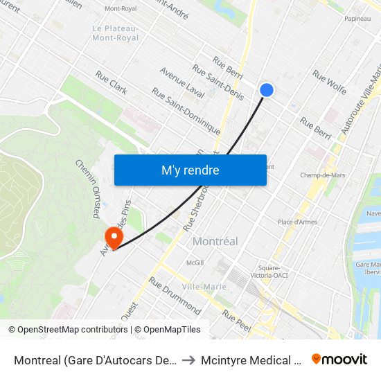 Montreal (Gare D'Autocars De Montreal) to Mcintyre Medical Building map