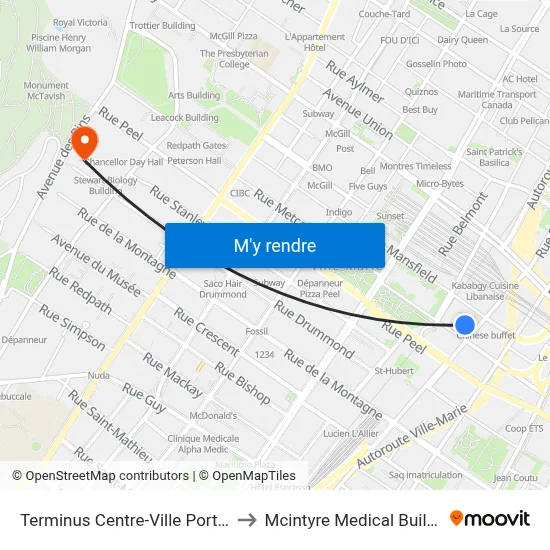 Terminus Centre-Ville Porte 16 to Mcintyre Medical Building map