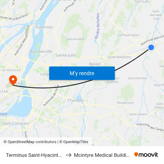 Terminus Saint-Hyacinthe to Mcintyre Medical Building map