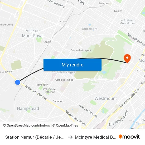 Station Namur (Décarie / Jean-Talon) to Mcintyre Medical Building map