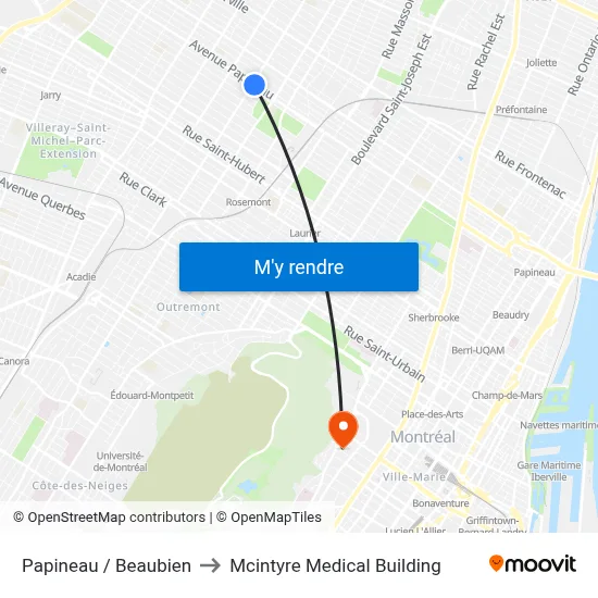 Papineau / Beaubien to Mcintyre Medical Building map