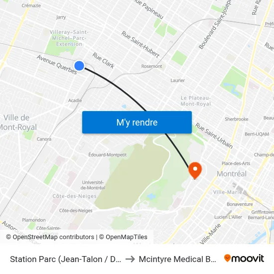 Station Parc (Jean-Talon / Du Parc) to Mcintyre Medical Building map