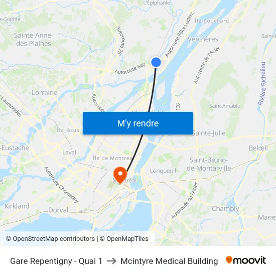 Gare Repentigny - Quai 1 to Mcintyre Medical Building map