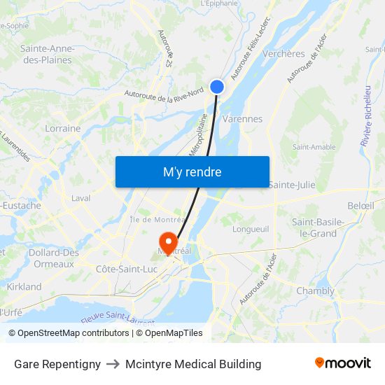 Gare Repentigny to Mcintyre Medical Building map