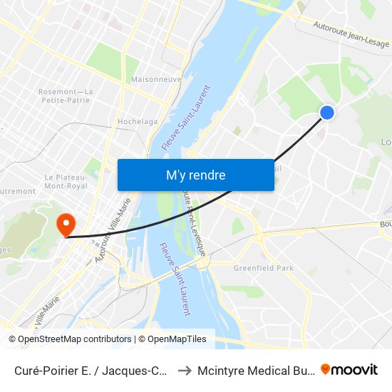 Curé-Poirier E. / Jacques-Cartier E. to Mcintyre Medical Building map