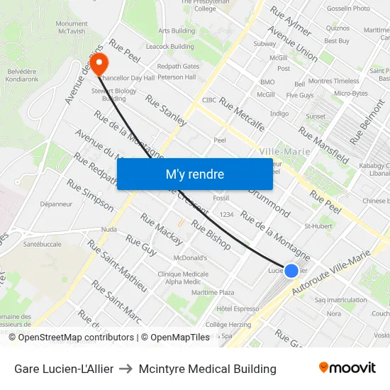 Gare Lucien-L'Allier to Mcintyre Medical Building map