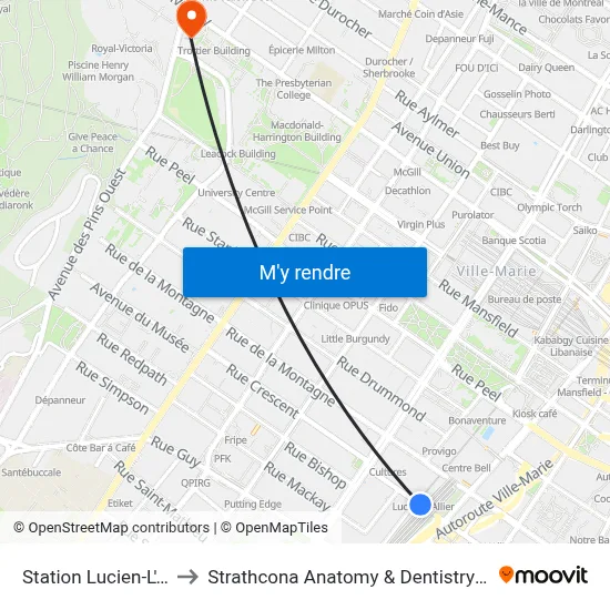 Station Lucien-L'Allier to Strathcona Anatomy & Dentistry Building map