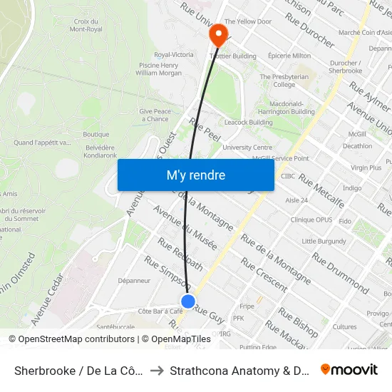 Sherbrooke / De La Côte-Des-Neiges to Strathcona Anatomy & Dentistry Building map