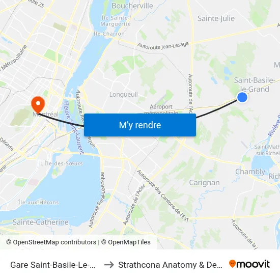 Gare Saint-Basile-Le-Grand- Quai 1 to Strathcona Anatomy & Dentistry Building map