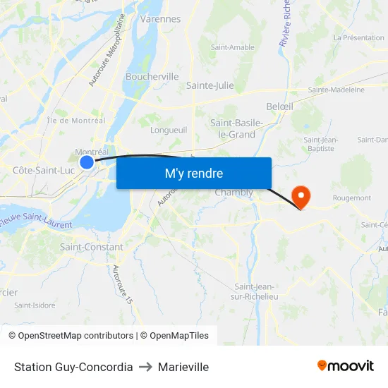 Station Guy-Concordia to Marieville map