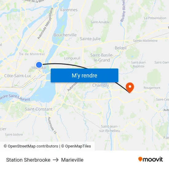 Station Sherbrooke to Marieville map
