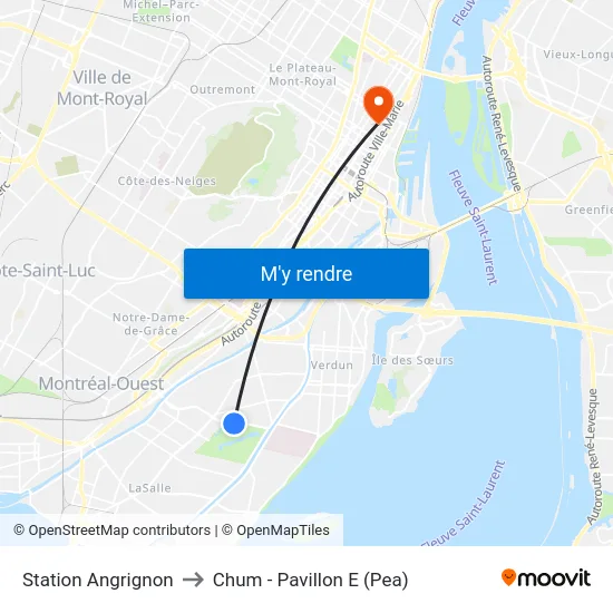Station Angrignon to Chum - Pavillon E (Pea) map