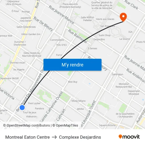 Montreal Eaton Centre to Complexe Desjardins map