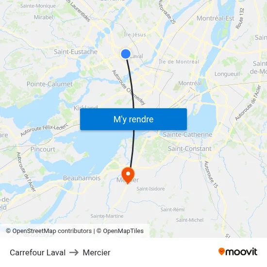 Carrefour Laval to Mercier map