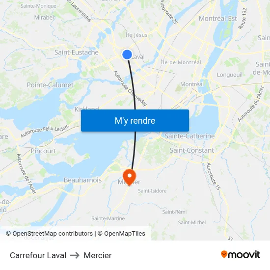 Carrefour Laval to Mercier map