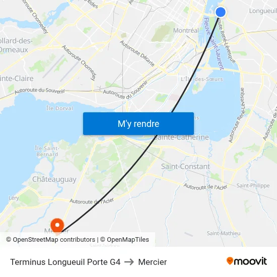 Terminus Longueuil Porte G4 to Mercier map
