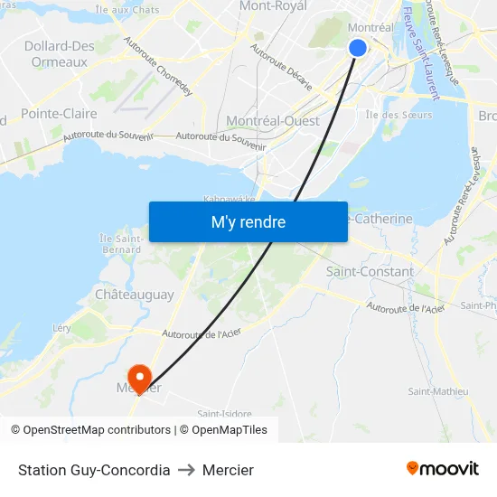 Station Guy-Concordia to Mercier map