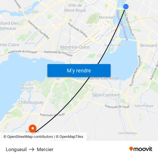 Longueuil to Mercier map