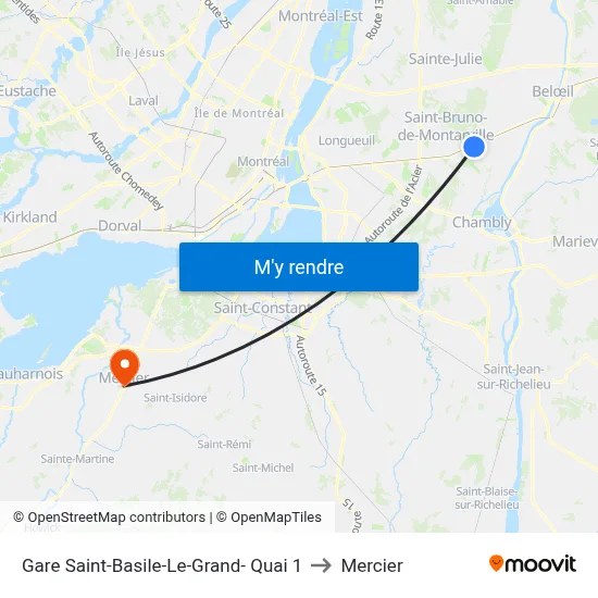 Gare Saint-Basile-Le-Grand- Quai 1 to Mercier map