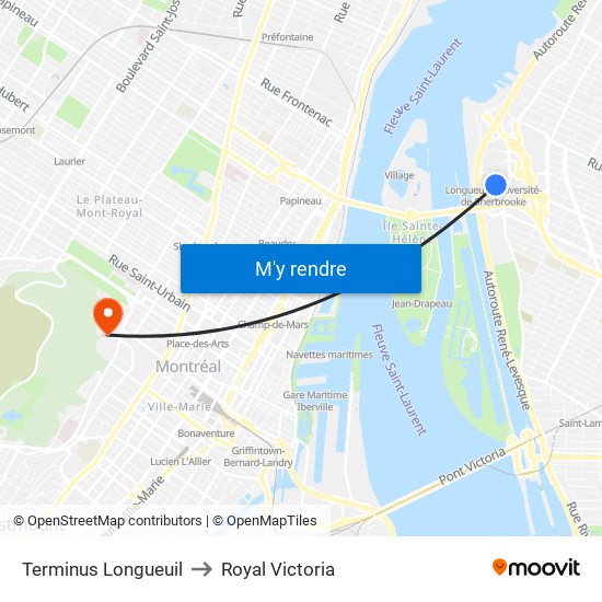 Terminus Longueuil to Royal Victoria map