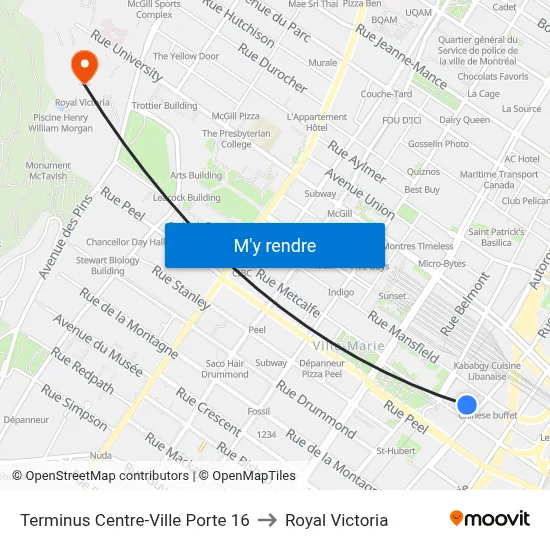Terminus Centre-Ville Porte 16 to Royal Victoria map