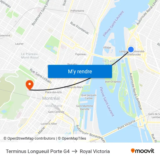 Terminus Longueuil Porte G4 to Royal Victoria map