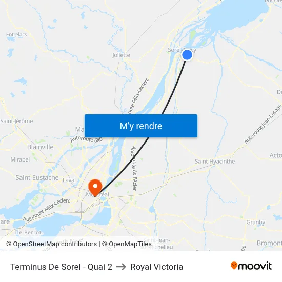 Terminus De Sorel - Quai 2 to Royal Victoria map
