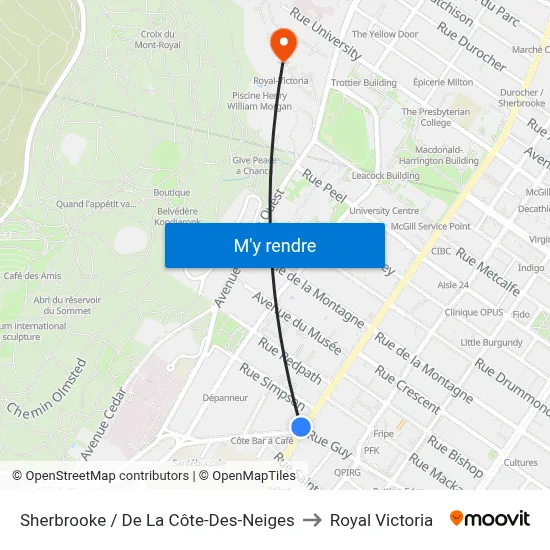 Sherbrooke / De La Côte-Des-Neiges to Royal Victoria map