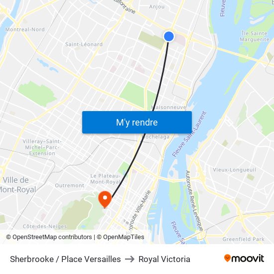 Sherbrooke / Place Versailles to Royal Victoria map