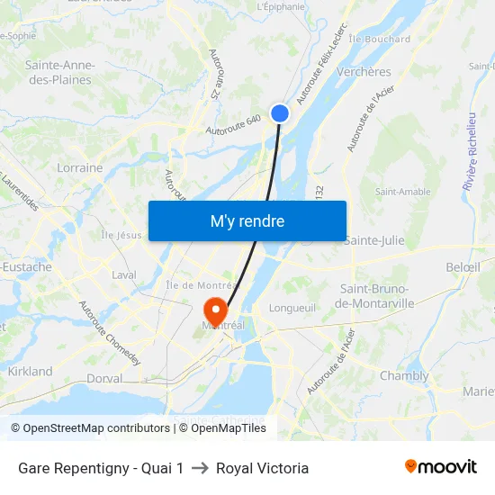 Gare Repentigny - Quai 1 to Royal Victoria map