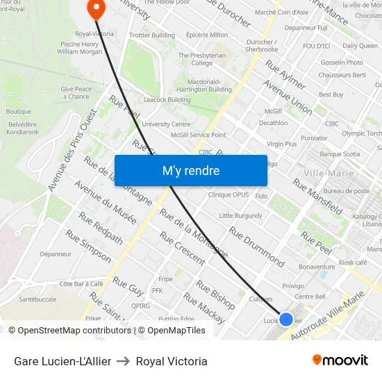 Gare Lucien-L'Allier to Royal Victoria map
