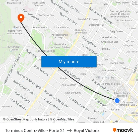 Terminus Centre-Ville - Porte 21 to Royal Victoria map