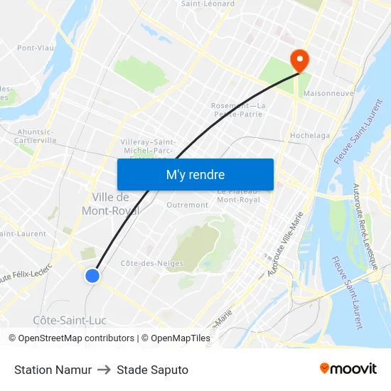 Station Namur to Stade Saputo map